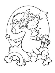 contour line illustration sketch unicorn disco character in parkie dancing on cloud rainbow and design element for coloring postcard printable sticker and media