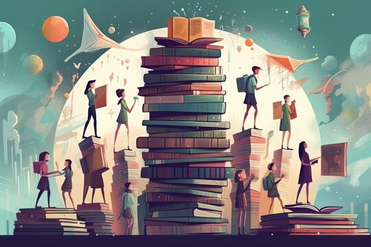 A group of students in the library engaged reading and studying. Generative Ai.