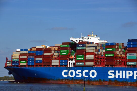 Container Ship on the River Elbe, Lower Saxony