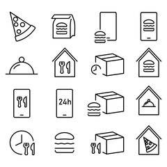 Simple set of vector line icons related to food delivery.