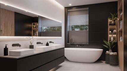Naklejka na ściany i meble Interior design of Bathroom in Minimalist style with Freestanding Bathtub decorated with Natural Stone, Textured Towels material. Modern architecture. Generative AI AIG24.