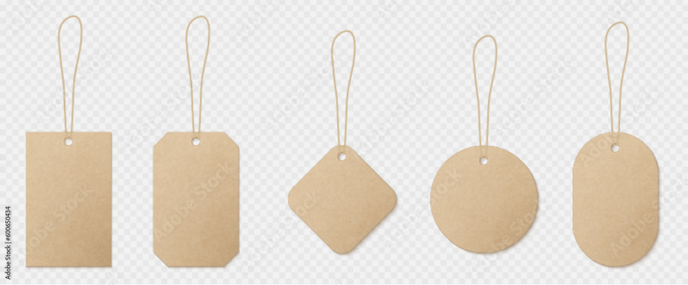 Poster realistic set of craft paper labels on string isolated on transparent background. vector illustratio