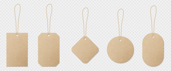 Realistic set of craft paper labels on string isolated on transparent background. Vector illustration of blank price tag or branding card mockups of round, square, rectangular, oval, rhombus shape