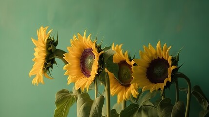  a vase filled with yellow sunflowers against a green wall.  generative ai