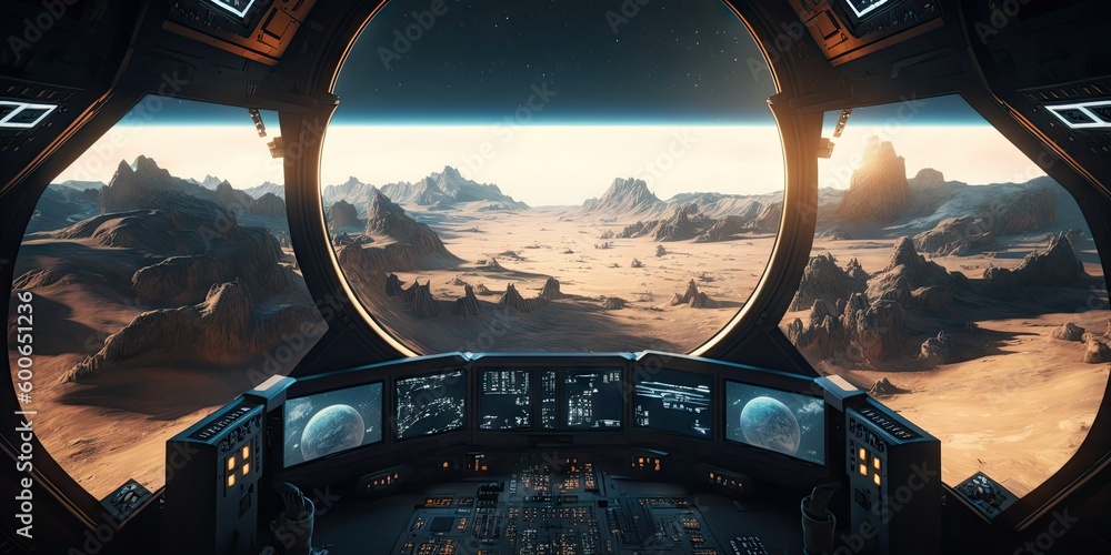 Aufkleber spaceship dark interior with view on distant planets solar system. generative ai aig15.