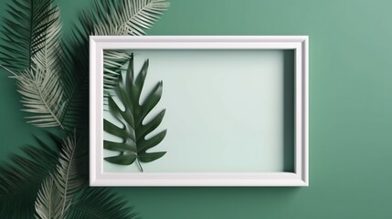  a white frame with a green plant in it on a green wall.  generative ai