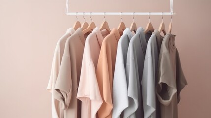  a rack of clothes hanging on a hanger in front of a pink wall.  generative ai