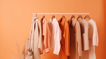  a bunch of clothes hanging on a rack in front of an orange wall.  generative ai