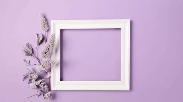  a white frame with a flower on a purple background with space for text.  generative ai