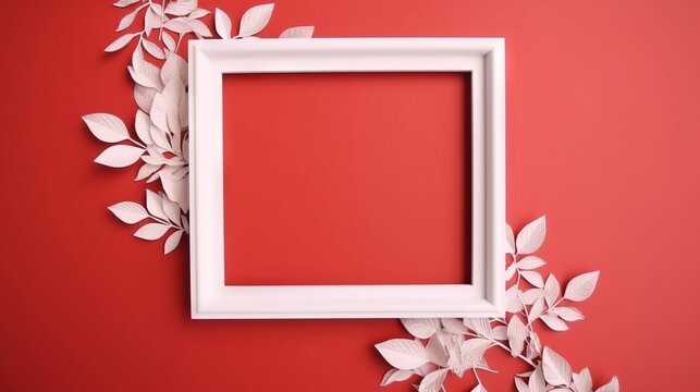  a white frame with leaves on a red background with space for text.  generative ai