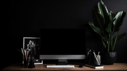  a desk with a monitor, keyboard, and a plant.  generative ai