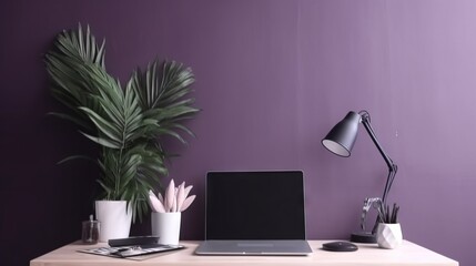  a desk with a laptop, phone, and a potted plant.  generative ai