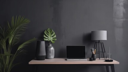  a desk with a laptop, lamp and a plant on it.  generative ai