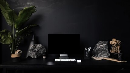  a black desk with a computer and a plant on it.  generative ai