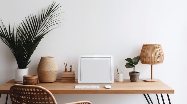  a desk with a computer, plant, and other items on it.  generative ai