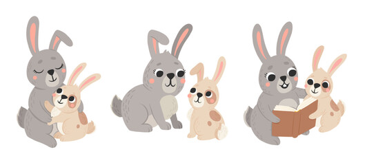 Icon of cute mommy and baby rabbit in cartoon style. Bunny pet silhouette. Hare mom and kid colorful illustration for childrens book, postcards and posters.