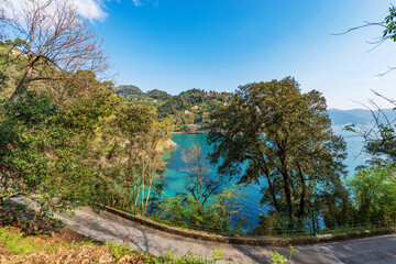 Bay and beach of Paraggi near the Portofino village. Tourist resort in Genoa Province (Genova), Liguria, Italy, Europe. Coast and Mediterranean Sea (Ligurian Sea).