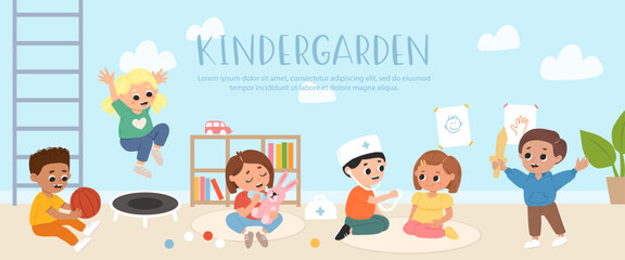Kids play toys and games together in kindergarden. Cartoon playroom with children.