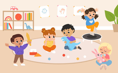 Kids play toys and games together in kindergarden. Cartoon playroom with children.