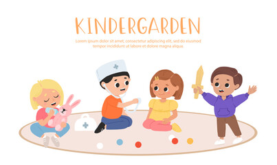 Kids play toys and games together in kindergarden. Cartoon playroom with children.