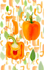 Orange Pepper Slice and Leaf Abstract