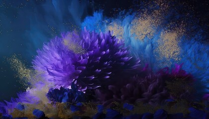 Naklejka premium Abstract Dahlia flowers. Slow motion. Burst of golden dust. Beautiful wallpaper background. Purple, blue and golden color tones. Elegance concept. Generative ai. 