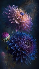 Obraz na płótnie Canvas Abstract Dahila flowers. Slow motion. Burst of golden dust. Beautiful wallpaper background. Purple, blue and golden color tones. Elegance concept. Generative ai. 