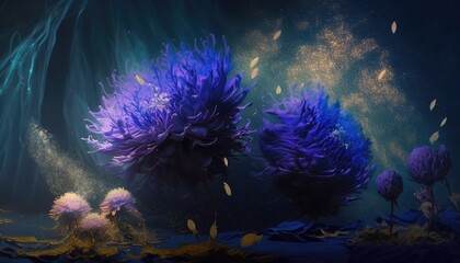 Abstract flowers. Slow motion. Burst of golden dust. Beautiful wallpaper background. Purple, blue and golden color tones. Elegance concept. Generative ai. 