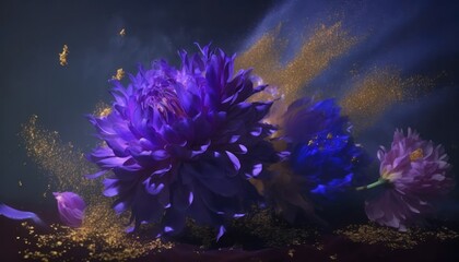 Naklejka na ściany i meble Abstract flowers. Slow motion. Burst of golden dust. Beautiful wallpaper background. Purple, blue and golden color tones. Elegance concept. Generative ai. 