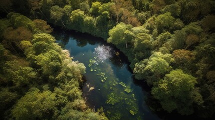 Fototapeta na wymiar an aerial view of a river running through a lush green forest. generative ai