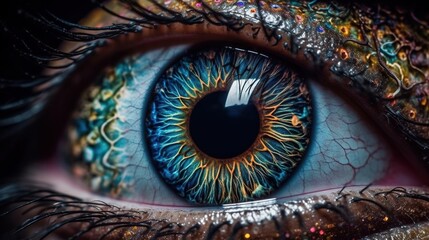  a close up of a blue eye with a colorful iris.  generative ai