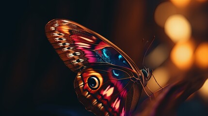  a colorful butterfly sitting on top of a tree branch with a blurry background.  generative ai