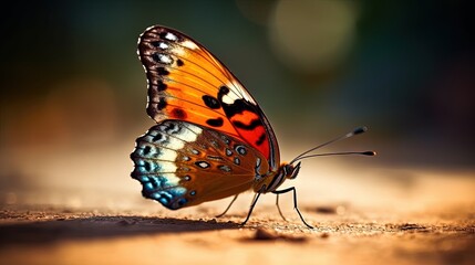 Fototapeta na wymiar a colorful butterfly sitting on top of a wooden table next to a blurry background. generative ai