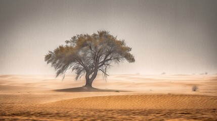  a lone tree in the middle of a desert plain with sand dunes in the background.  generative ai