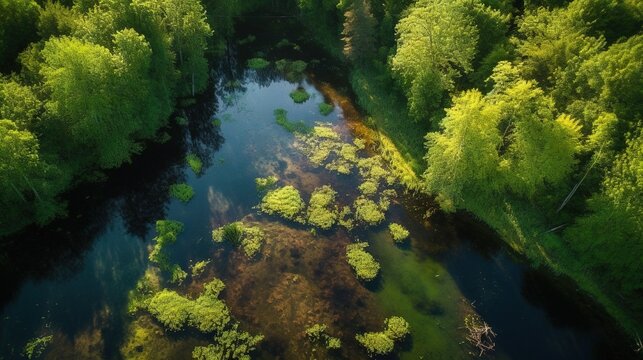  an aerial view of a river running through a lush green forest.  generative ai