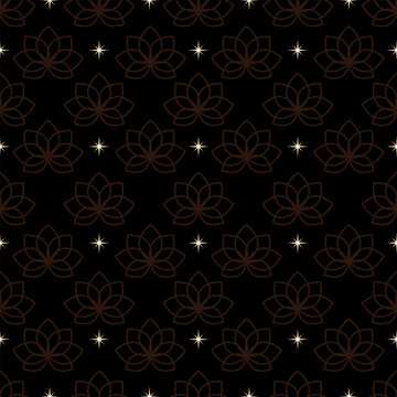 Lotus and golden stars seamless pattern on black background. Vector print, Indian style.
