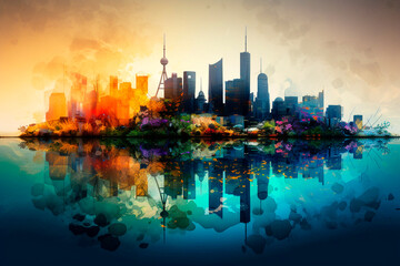 A bright double exposure of the city skyline on the silhouette of the water surface.