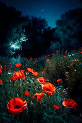 Fototapeta na wymiar The garden is full of red poppies, against a background of blue stars and a bright white moon. The illustration was created by AI.