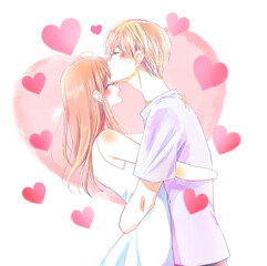 抱き合う　でこちゅー　男女　上半身　ハート