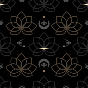 Lotus flower and esoteric symbols moon golden stars seamless pattern on black background. Vector print.