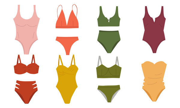 Collection of stylish women's  swimwear isolated on white background. Set of fashionable underwear and swimsuits or bikini tops and bottoms. Flat cartoon colorful vector illustration.