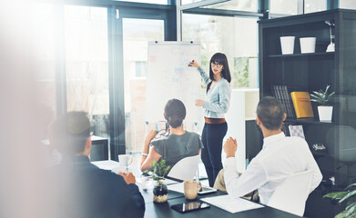 Presentation, business woman and leader talking to a team in an office for brainstorming or workshop. Female coach writing on whiteboard with people listening for training, strategy or information