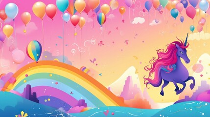 Fototapeta na wymiar a unicorn flying over a rainbow with balloons floating above it. generative ai