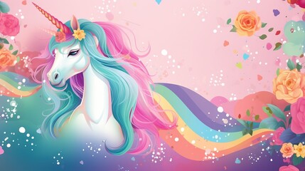  a unicorn with a rainbow mane standing in a field of flowers.  generative ai - obrazy, fototapety, plakaty