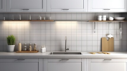  a kitchen with white cabinets and a white counter top with a sink.  generative ai
