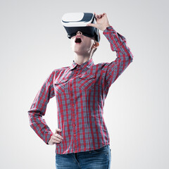 Girl in mask experiencing virtual reality as new entertainment device