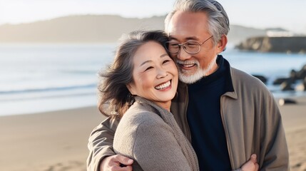 Fototapeta premium Romantic Asian senior couple by the ocean. Affectionate elderly couple enjoying spending some quality time together after retirement, Generative AI