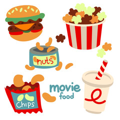 A set of food for watching movies. All elements of a fast food cinema for watching a movie. Popcorn, soda, nuts, chips, hamburger in cartoon style. Cute flat-style drawings on a white background