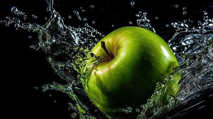 Fresh, delicious green apple splashing into crystal-clear water, captured in an advertising style, generative ai