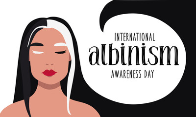 June 13 is the International Albinism Awareness Day. A woman with partial albinism with straight hair. Call for solidarity with people suffering from albinism. Stylized black and white vector graphics